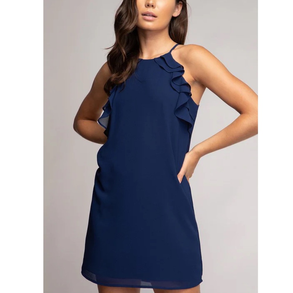 Naked Zebra Navy Blue Ruffle Halter‎ Neck Shift Dress Size M